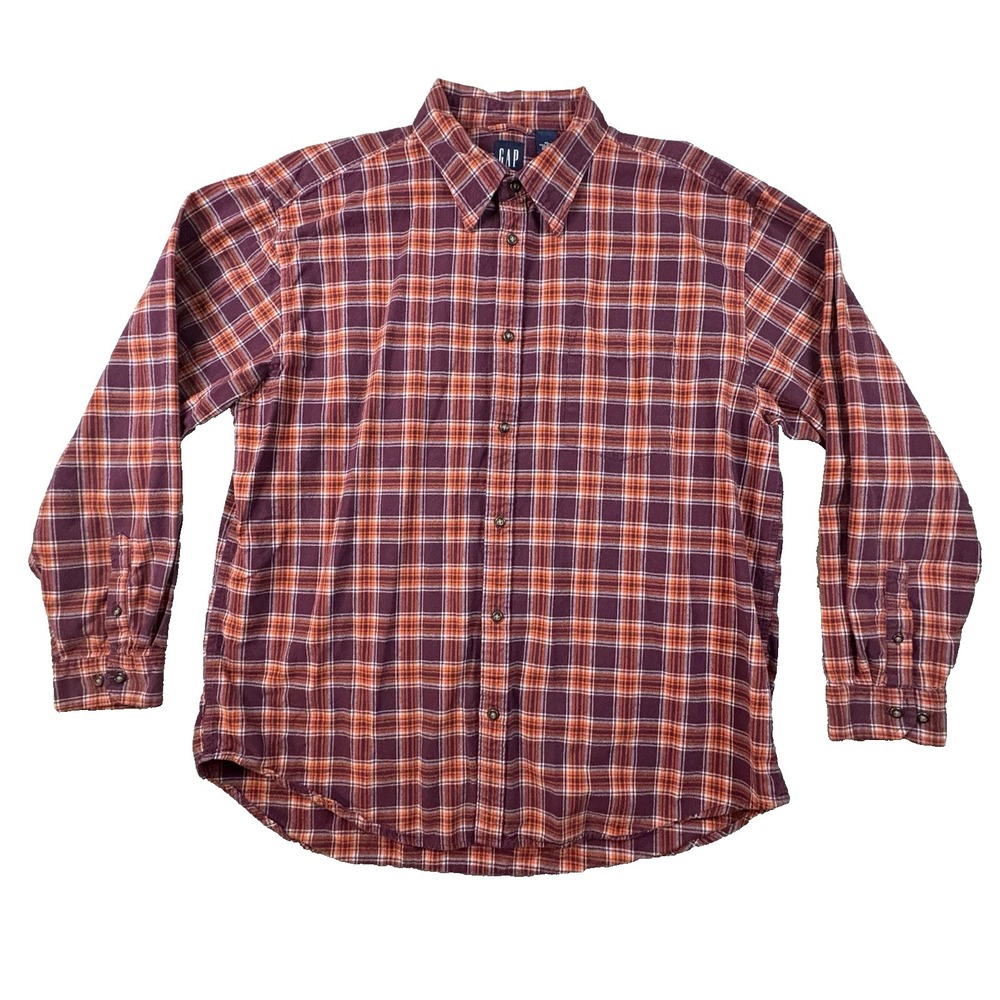 Gap Men's XL Burgundy Orange Plaid Flannel LS Button Up‎ Shirt SEE DESCRIPTION